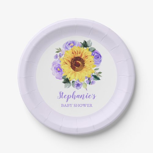 Baby Shower Sunflower Purple Floral Personalized Paper Plates