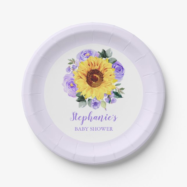 Baby Shower Sunflower Purple Floral Personalized Paper Plates (Front)