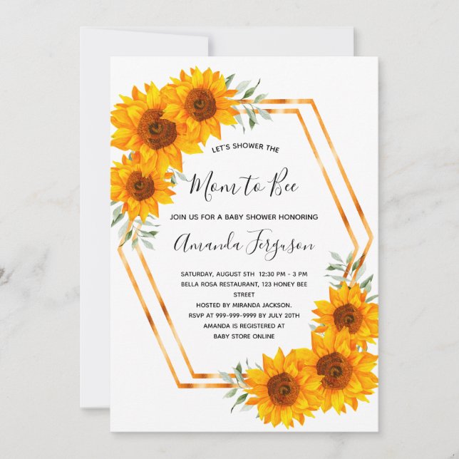 Baby shower sunflowers bees white rose gold invitation (Front)