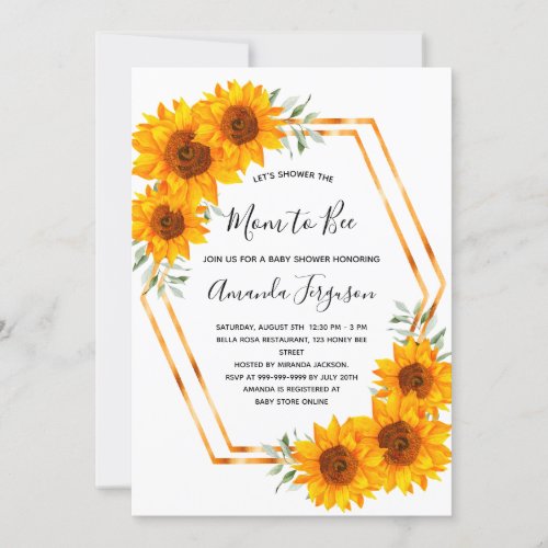 Baby shower sunflowers bees white rose gold invitation