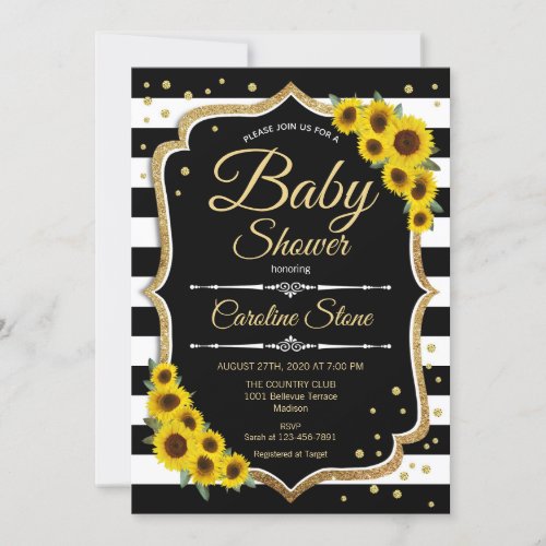 Baby Shower _ Sunflowers Black White Stripes Invitation