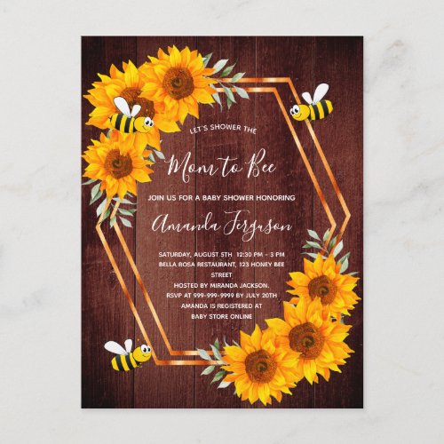 Baby shower sunflowers brown bee invitation postcard