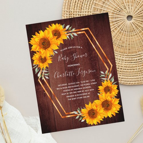 Baby shower sunflowers brown wood invitation  postcard