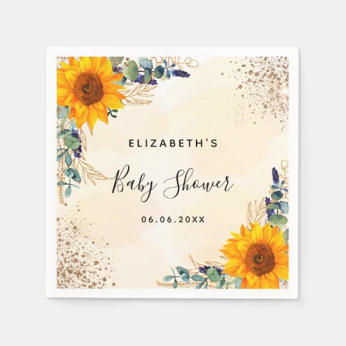 Baby shower sunflowers eucalyptus greenery glitter napkins