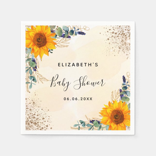 Baby shower sunflowers eucalyptus greenery glitter napkins (Front)