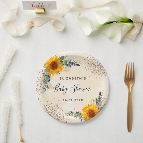 Baby shower sunflowers eucalyptus greenery glitter paper plates