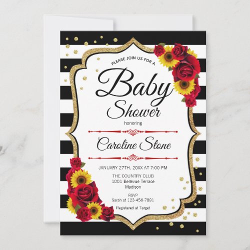 Baby Shower _ Sunflowers Red Roses Gold Invitation