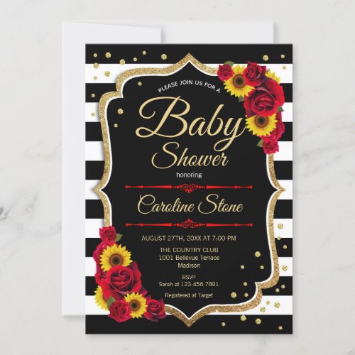 Baby Shower _ Sunflowers Roses Black White Stripes Invitation