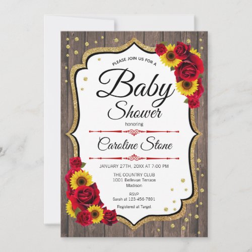 Baby Shower _ Sunflowers Roses Rustic Wood Invitation