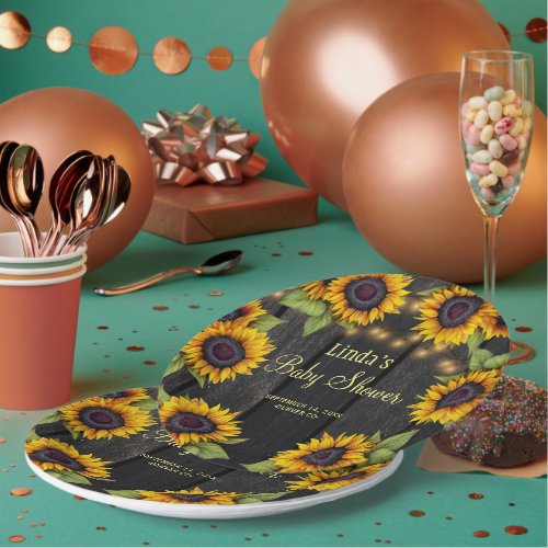 Baby shower sunflowers rustic barn wood paper plates