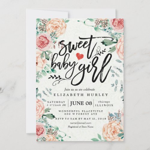 Baby Shower sweet baby girl Chic Watercolor Floral Invitation