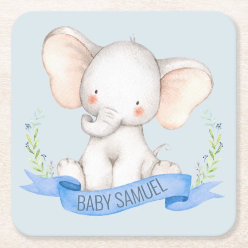 BABY SHOWER _ sweet elephant _ BOY Square Paper Coaster