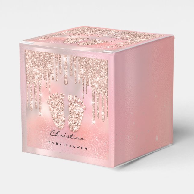 Baby Shower Sweet Feet Drips Rose Pink Glitter Favor Boxes (Front Side)