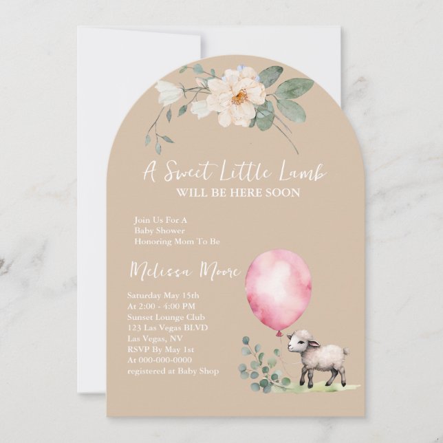 Baby Shower Sweet Little Lamb Pink Balloon Invitation (Front)