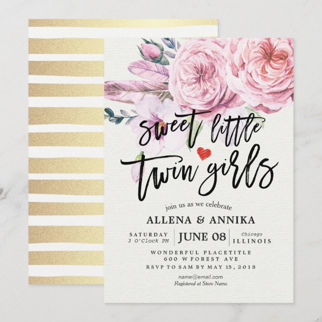 Baby Shower Sweet Little Twin Girls Boho Flowers Invitation (Front/Back)