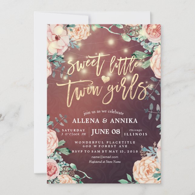 Baby Shower Sweet Little Twin Girls Flowers Lights Invitation (Front)
