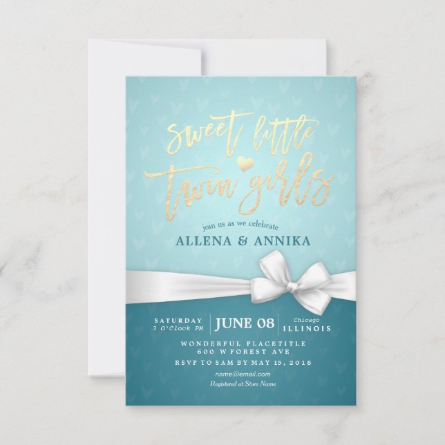 Baby Shower Sweet Little Twin Girls White Ribbon Invitation (Front)