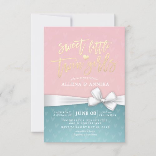 Baby Shower Sweet Little Twin Girls White Ribbon Invitation