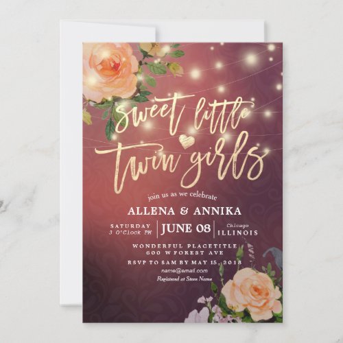 Baby Shower Sweet Little Twins Floral String Light Invitation