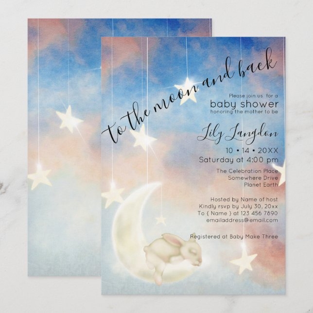 Baby Shower, Sweet Sleeping Bunny on Moon Invitation (Front/Back)