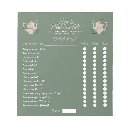 Baby Shower Tea Party Cute Minimalist Chic Green Notepad