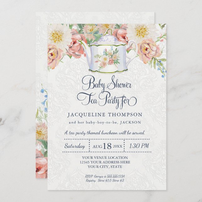 Baby Shower Tea Party Dusty Blue Blush Pink Teapot Invitation (Front/Back)