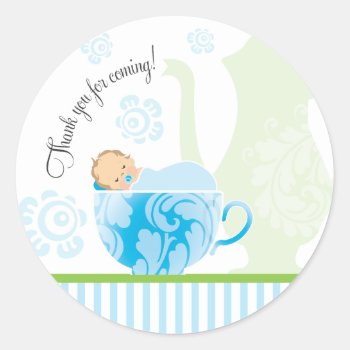 Baby Shower Tea Party Favor Sticker  |  Boy by OrangeOstrichDesigns at Zazzle