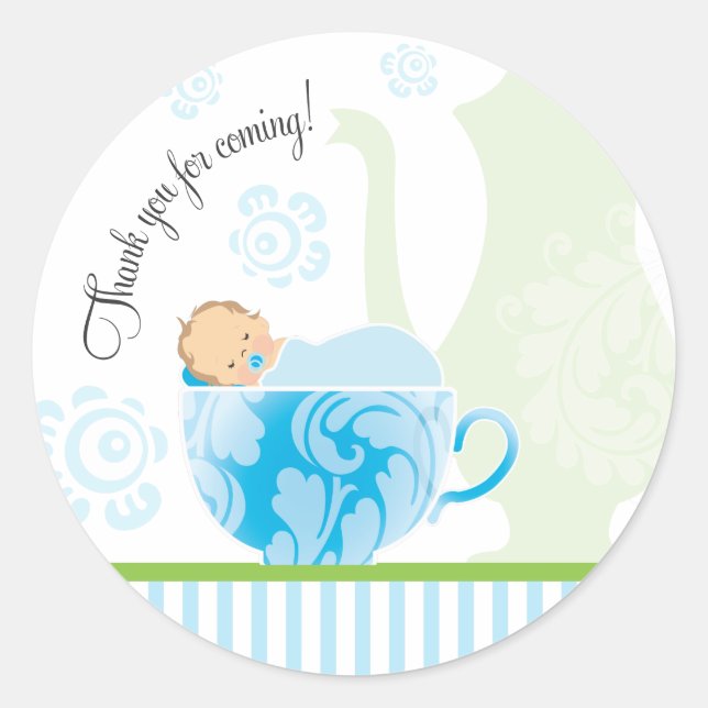 Baby Shower Tea Party Favor Sticker  |  Boy (Front)