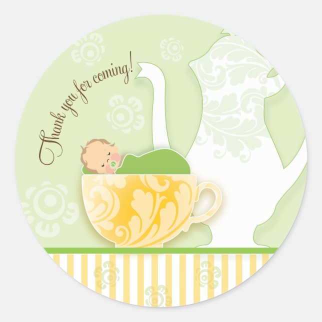 Baby Shower Tea Party Favor Sticker  |  Neutral (Front)