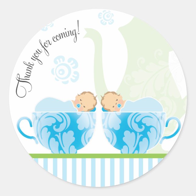 Baby Shower Tea Party Favor Sticker  |  Twin Boys (Front)