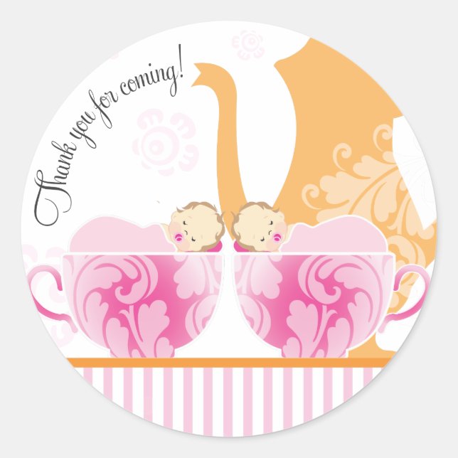 Baby Shower Tea Party Favor Sticker  |  Twin Girls (Front)