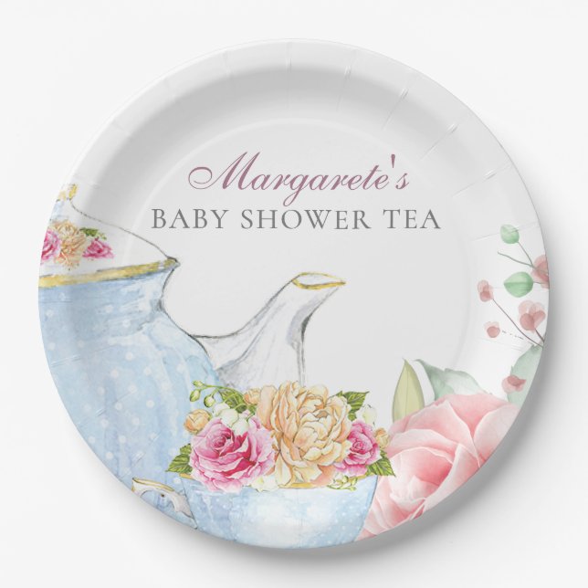 Baby Shower Tea Party Floral Elegant Personalized Paper Plates (Front)