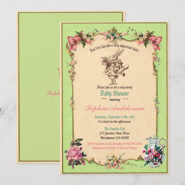 Baby shower tea party green sip and see invitation (Front/Back)