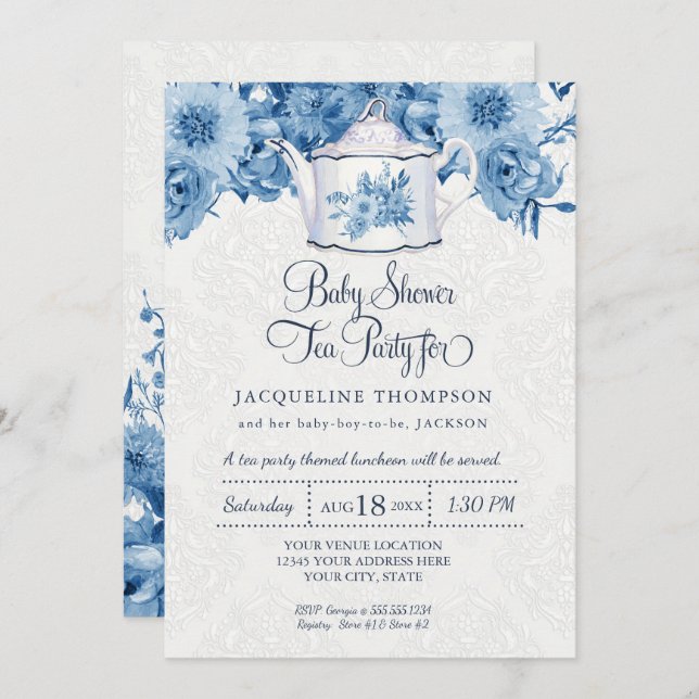 Baby Shower Tea Party Navy Blue Floral w Teapot Invitation (Front/Back)