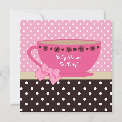 Baby Shower Tea Party Pink And Brown Polka Dots Personalized Announcement