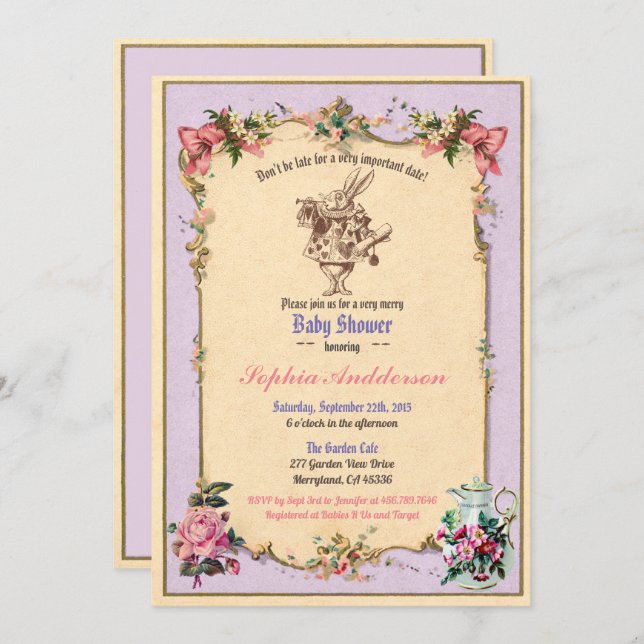 Baby shower tea party purple lilac sip and see invitation (Front/Back)