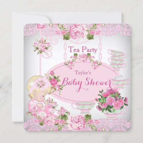 Baby Shower Tea Party Vintage Lace Pink Floral B Invitation