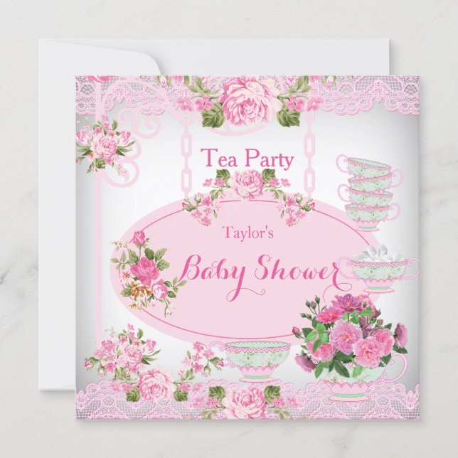 Baby Shower Tea Party Vintage Lace Pink Floral D Invitation (Front)