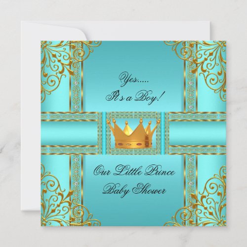 Baby Shower Teal Blue Gold Boy Prince Crown Invitation