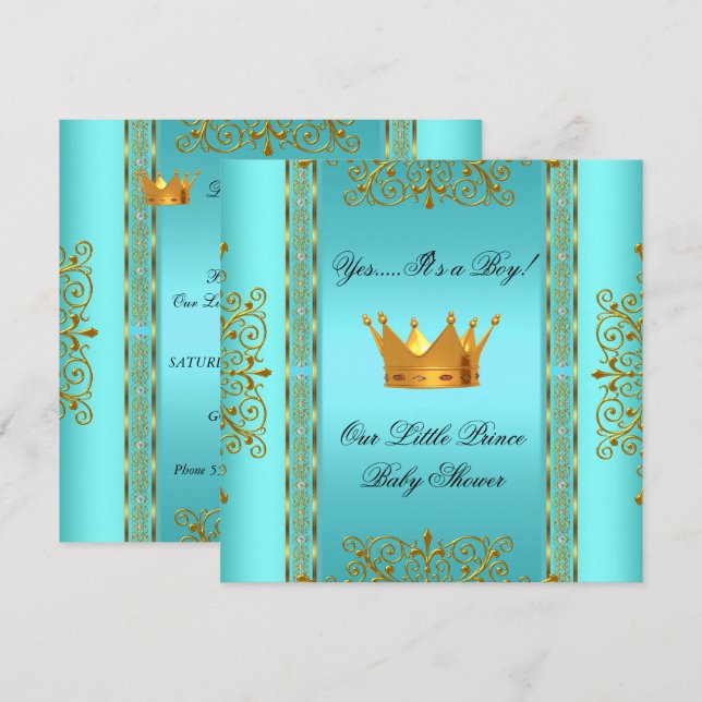 Baby Shower Teal Blue Gold Boy Prince Crown Invitation (Front/Back)
