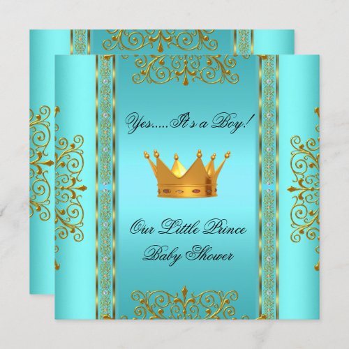 Baby Shower Teal Blue Gold Boy Prince Crown Invitation