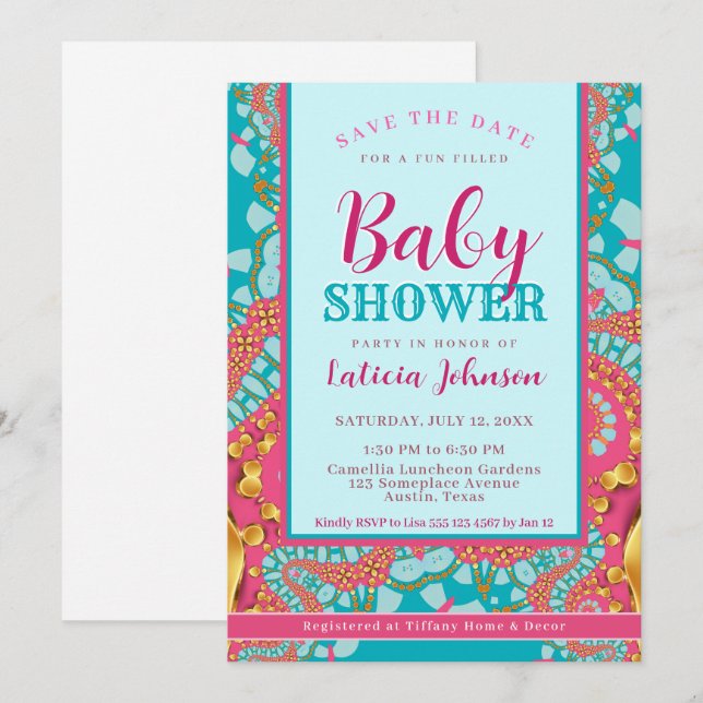 Baby Shower • Teal Blue & Pink Modern Abstract Invitation (Front/Back)