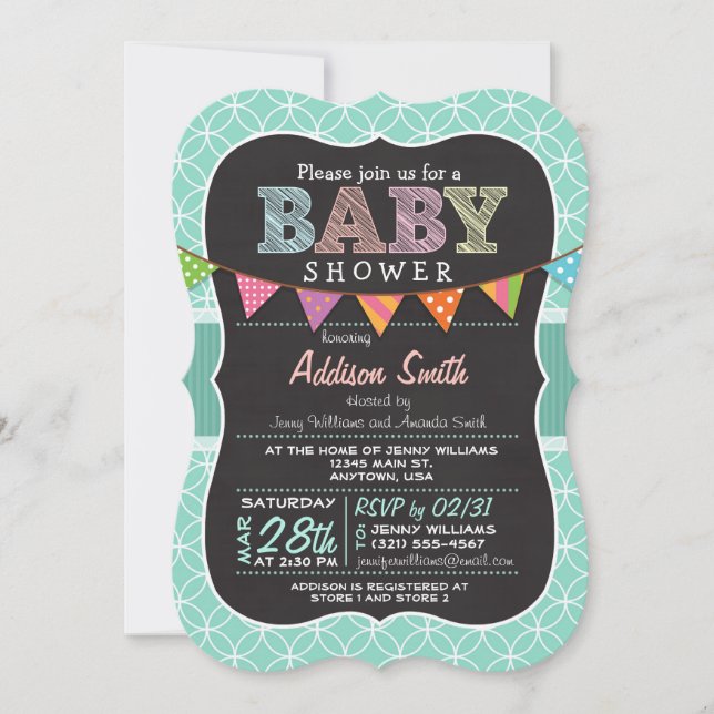 Baby Shower; Teal Cirles with Bunting Invitation (Front)