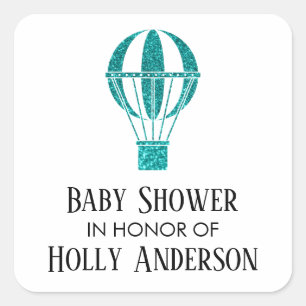 Baby Shower Teal Glitter Hot Air Balloon w/ Name Square Sticker