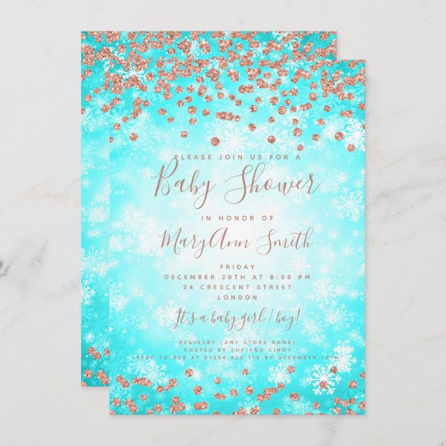 Baby Shower Teal Rose Gold Glitter Winter Wonder Invitation (Front/Back)