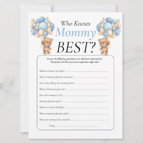 Baby Shower teddy balloons  Blue Who Knows Mommy  Invitation