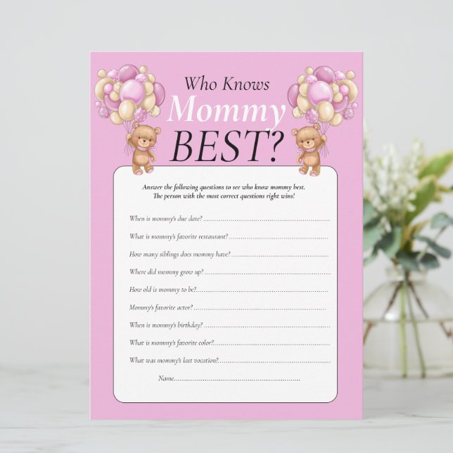 Baby Shower. teddy balloons Girl Who Knows Mommy   Invitation (Standing Front)