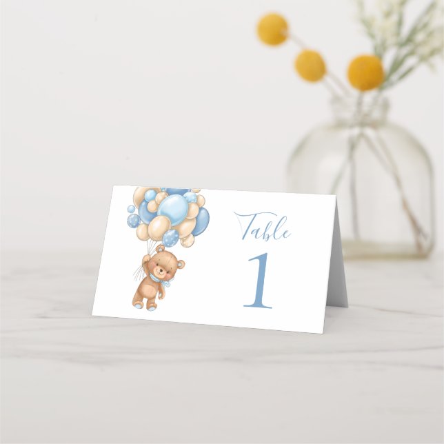 Baby Shower Teddy Bear Balloon Blue Place Card (Front)