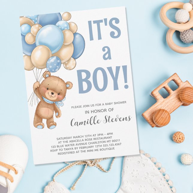 Baby Shower Teddy Bear Balloon Boy Invitation (Creator Uploaded)