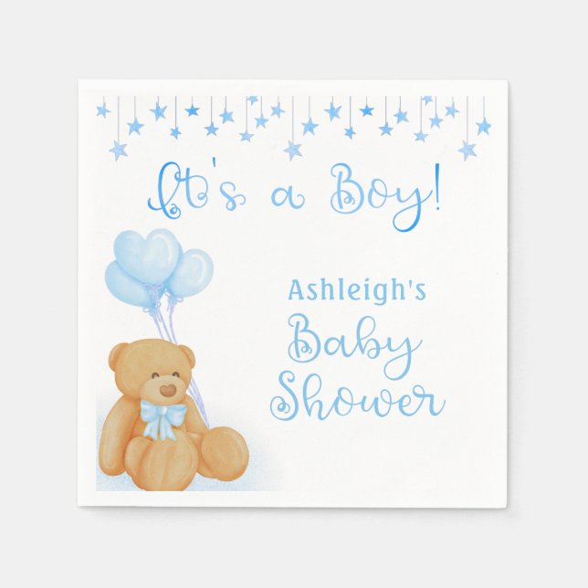 Baby Shower Teddy Bear Blue Balloons ITS A BOY Napkins (Front)